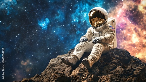 A lone astronaut sits on a rocky surface in outer space, gazing out at a vibrant nebula.