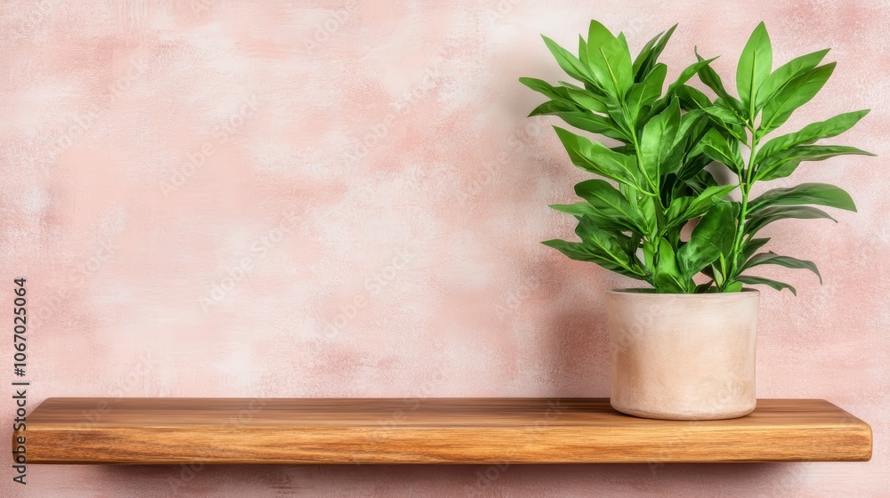 Potted plant on shelf, a touch of green for interior decor, bringing nature indoors with simple style Potted plant on shelf, a touch of green for interior decor, bringing nature indoors with simple style