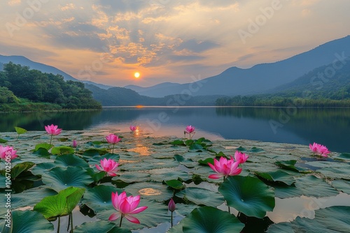 Sunset view of a lake with lotus flowers. Perfect for travel, nature, or relaxation themes.