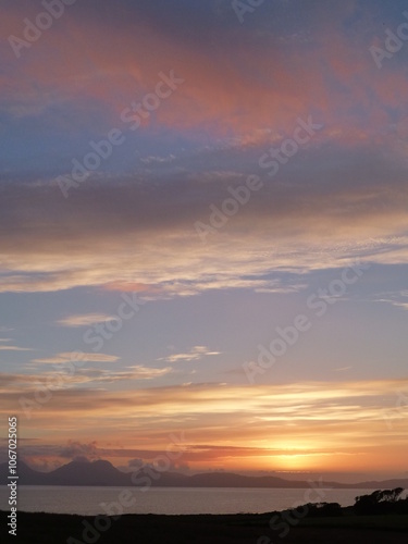 Sunset over the island of Jura, Inner Hebrides, Scotland, as seen from the Argyll coast near Kilberry photo