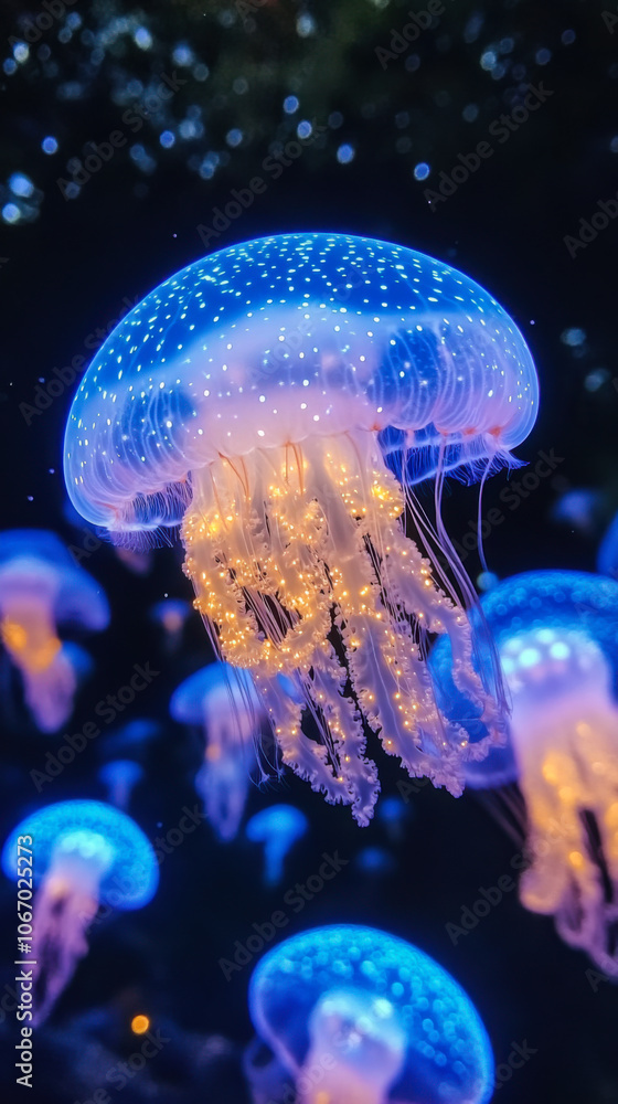 Naklejka premium Bioluminescent jellyfish illuminating the ocean at night near a rocky shoreline