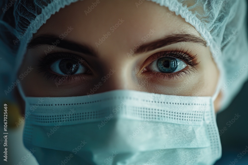 Doctor with blue eyes wearing medical mask and goggles. Focus on professionalism and safety in surgical environment. Doctor with blue eyes wearing medical mask and goggles. Focus on professionalism and safety in surgical environment.