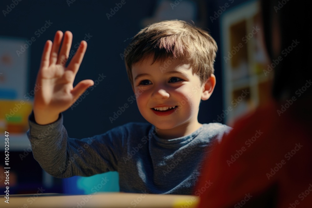 A young child is waving his hand to the camera, welcoming or greeting someone. The setting appears to be an educational environment such as a classroom. A young child is waving his hand to the camera, welcoming or greeting someone. The setting appears to be an educational environment such as a classroom.