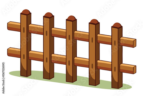 Wooden Pole Fence Isolated on White Background.