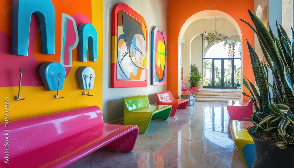 Colorful Entryway with Vibrant Art Elements Colorful Entryway with Vibrant Art Elements