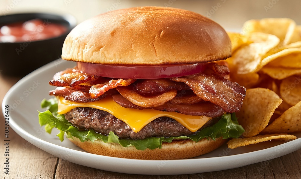 Delicious bacon cheeseburger served with crispy potato chips Delicious bacon cheeseburger served with crispy potato chips