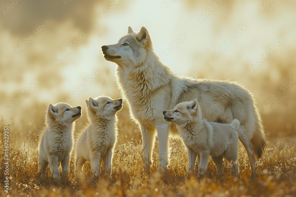 Obraz premium A mother wolf and her three cubs standing in a field of tall grass