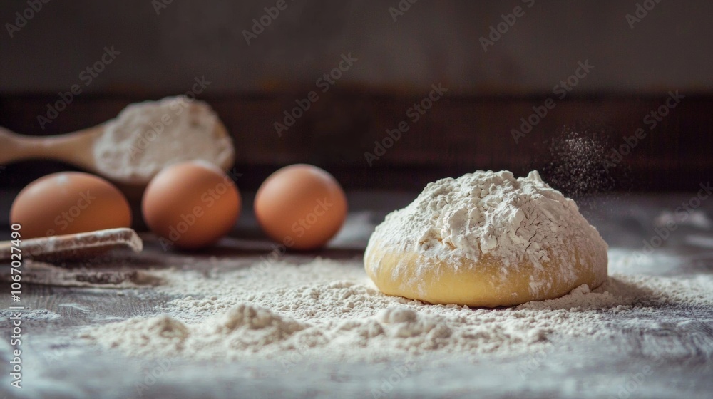 Rustic baking setup with dough and eggs Rustic baking setup with dough and eggs