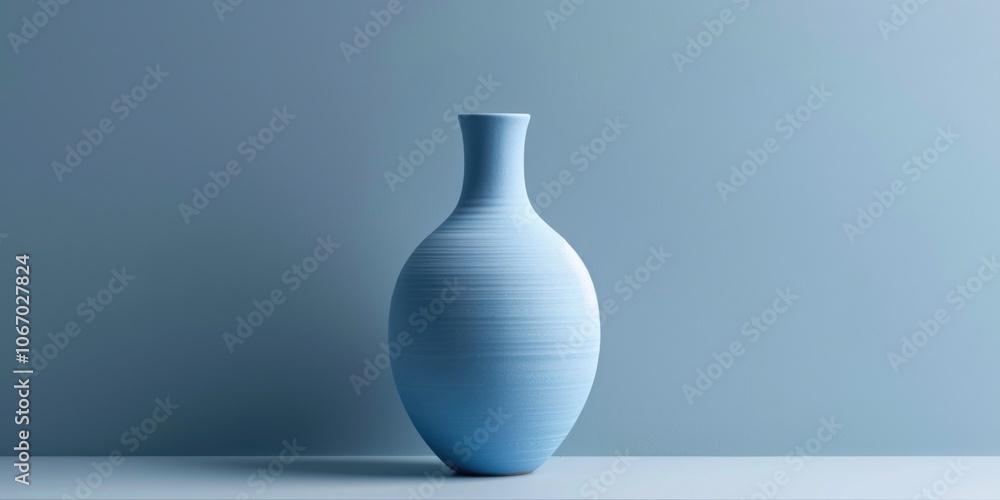 Blue vase sits on a table. The vase is empty and the table is empty Blue vase sits on a table. The vase is empty and the table is empty