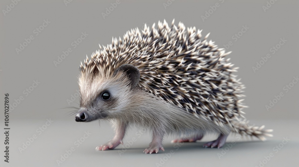 Obraz premium A digital illustration of a hedgehog with its quills on end, walking on a grey surface. The image captures the animal's spiny texture and distinct features.
