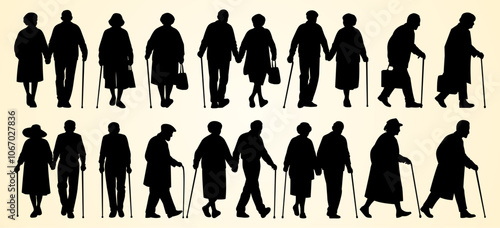 Silhouettes of elderly people walking with canes, portraying companionship and aging.