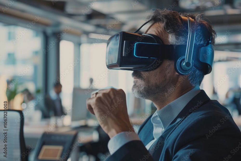 A man with a VR headset wearing it in an office setting. A man with a VR headset wearing it in an office setting.