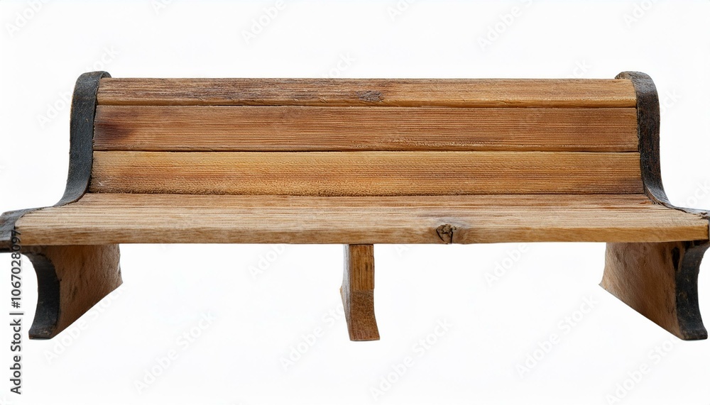 A narrow wooden park bench, the wood grain heavily pronounced and the ends slightly chipped A narrow wooden park bench, the wood grain heavily pronounced and the ends slightly chipped