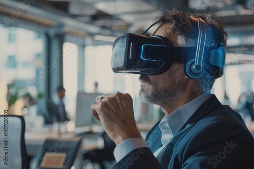 A man with a VR headset wearing it in an office setting.