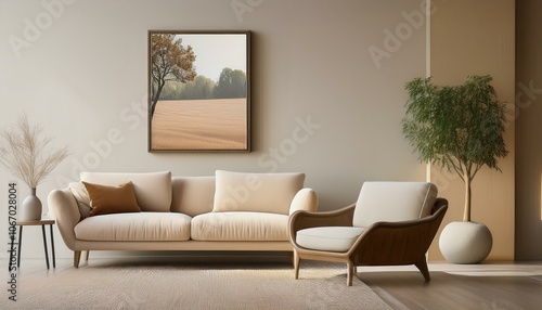  A low, minimalist sofa and lounge chair in muted earth tones, backed by a large, empty frame