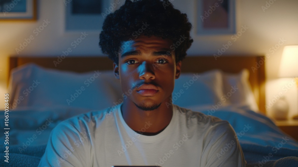 Multiracial Young Man Engaged with Smartphone in Dimly Lit Room for Nighttime Browsing Concept. Generative ai Multiracial Young Man Engaged with Smartphone in Dimly Lit Room for Nighttime Browsing Concept. Generative ai
