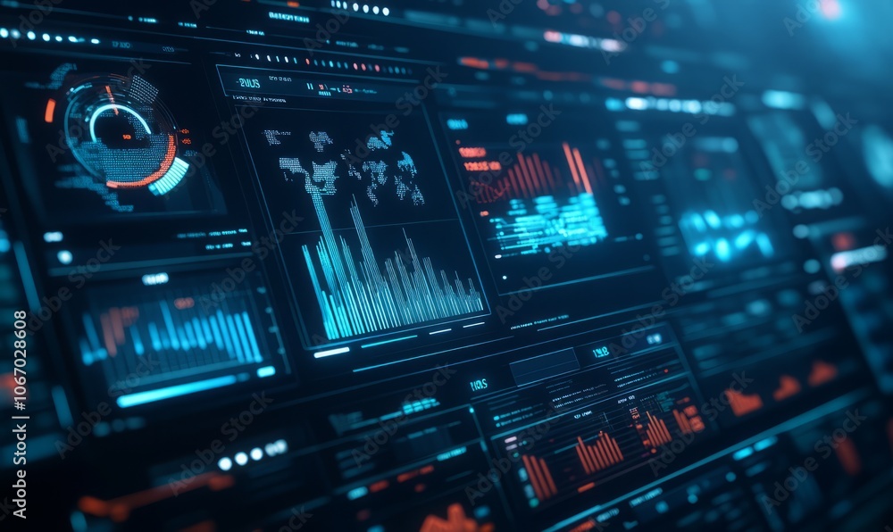 Data analysis dashboard with graphs and metrics, dark background. Data analysis dashboard with graphs and metrics, dark background.