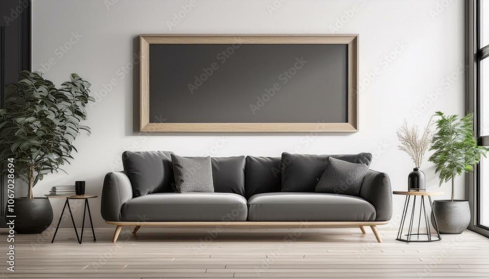 Simple and elegant living room with a single dark grey lounge chair next to a matching sofa, Simple and elegant living room with a single dark grey lounge chair next to a matching sofa,