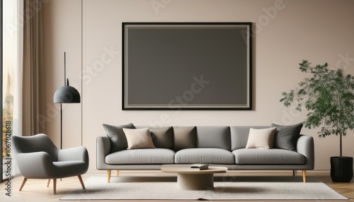 Simple and elegant living room with a single dark grey lounge chair next to a matching sofa,