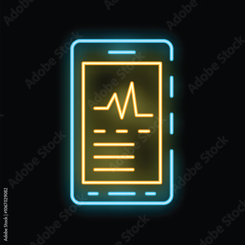 Neon sign depicting a smartphone with a medical chart on its screen, symbolizing mobile healthcare and digital health records
