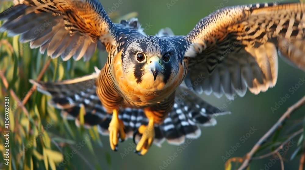 Fototapeta premium A peregrine falcon soaring through the sky with its wings spread wide.