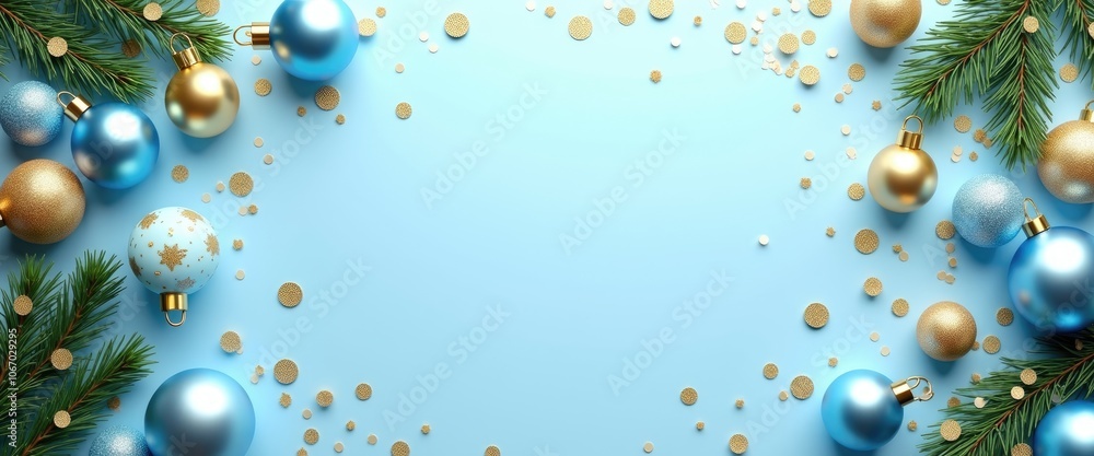 Holiday banner with blue ornaments , pine and confetti on blue background, offering copy space for seasonal greetings and Christmas card themes. Holiday banner with blue ornaments , pine and confetti on blue background, offering copy space for seasonal greetings and Christmas card themes.