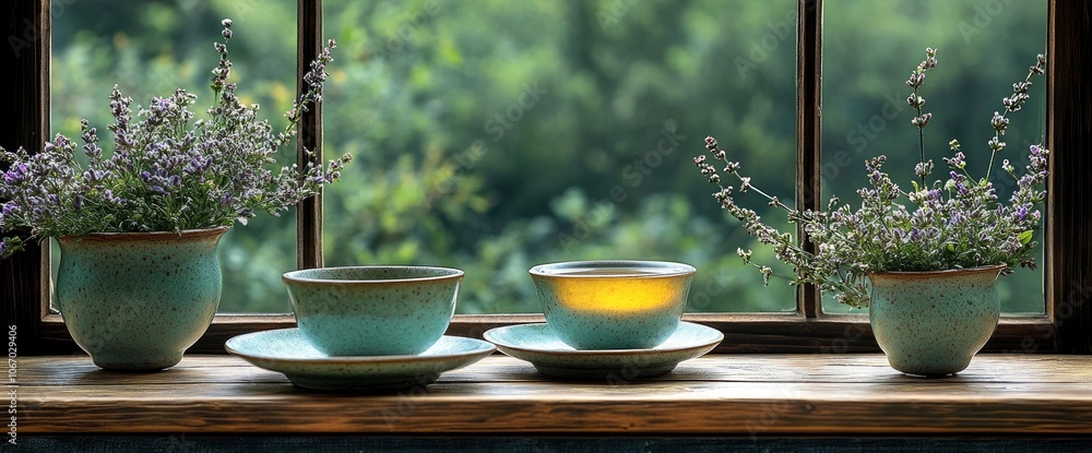 Two Cups of Tea and Lavender on a Windowsill Two Cups of Tea and Lavender on a Windowsill