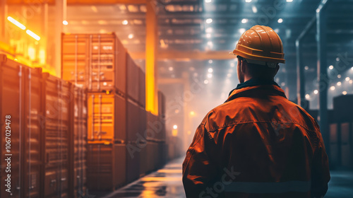 Worker in safety gear surveys a busy shipping container yard illuminated by industrial lights during evening hours