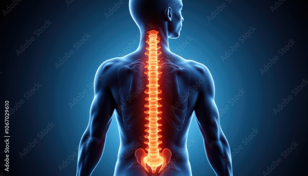 Anatomical illustration of human spine in pain, with glowing red vertebrae on blue background Anatomical illustration of human spine in pain, with glowing red vertebrae on blue background