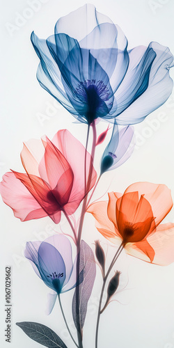 Colorful Transparent Flowers on White Background  Minimalist Floral Art