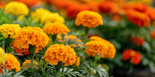 Vibrant Orange and Yellow Marigold Flowers in Full Bloom in a Summer Garden