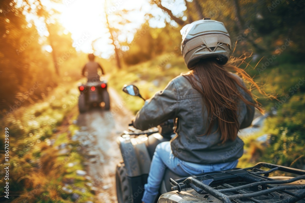 Two people riding motorcycles down a dirt trail on a sunny day. Two people riding motorcycles down a dirt trail on a sunny day.