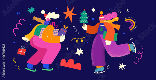 Merry Christmas holiday illustration. Christmas decorative banner with fun people, Christmas tree and gifts. People are dancing, having fun and celebrating Christmas