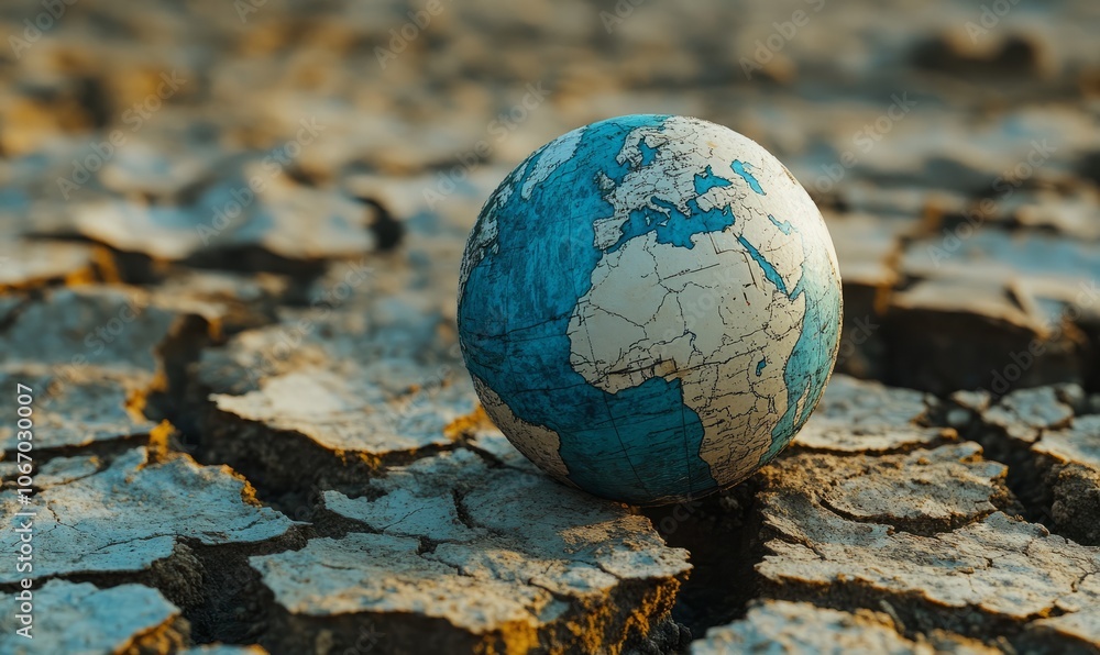 Earth globe on cracked ground, symbolizing climate change impact. Earth globe on cracked ground, symbolizing climate change impact.