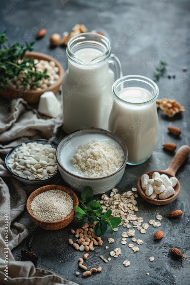 Close-up photo of healthy food ingredients such as almond milk, almond nuts, and cinnamon, suggesting a focus on wholesome, plant-based nutrition. Close-up photo of healthy food ingredients such as almond milk, almond nuts, and cinnamon, suggesting a focus on wholesome, plant-based nutrition.