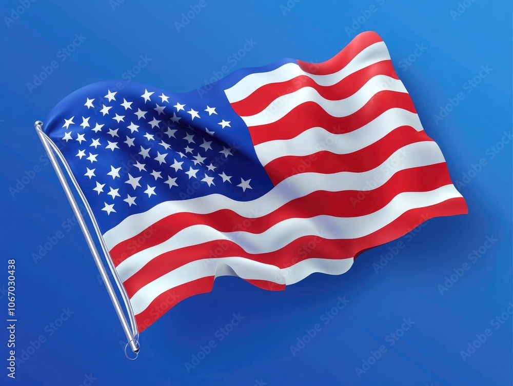 Fototapeta premium American flag waving against blue background. Symbolizes patriotism, freedom, and unity.