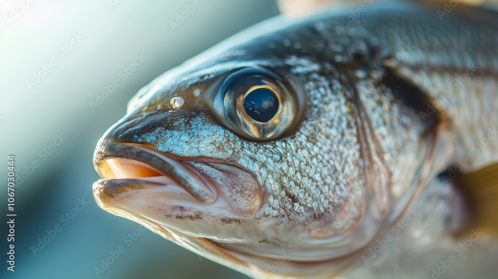 Close-up of a shimmering fish swimming in clear waters, showcasing its vibrant colors and intricate textures, during a bright sunny day Close-up of a shimmering fish swimming in clear waters, showcasing its vibrant colors and intricate textures, during a bright sunny day