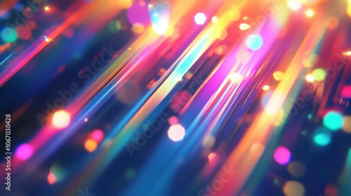 Film leak light overlay texture background with neon and iridescent stripes. Rainbow lens flare effect on crystal glass or camera film filter with bokeh. Laser beam strip.