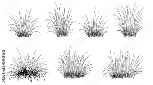 Set of vector grass illustrations on a white background. Architectural Drawings, Minimal style cad turf drawing, Side view, set of graphics meadows elements outline symbol for lawn landscape design