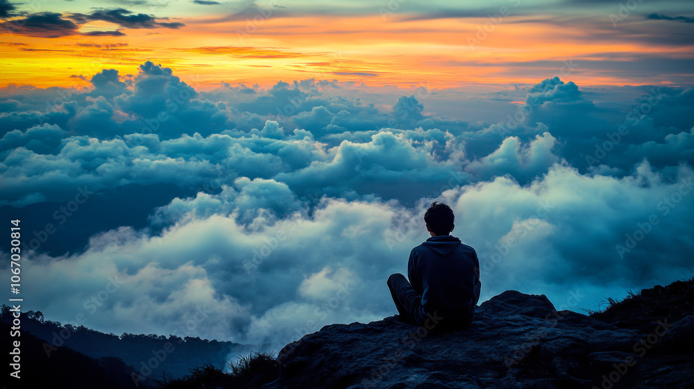 A person gazing at a stunning sunset over mountains, capturing the beauty of nature in a serene alpine landscape A person gazing at a stunning sunset over mountains, capturing the beauty of nature in a serene alpine landscape