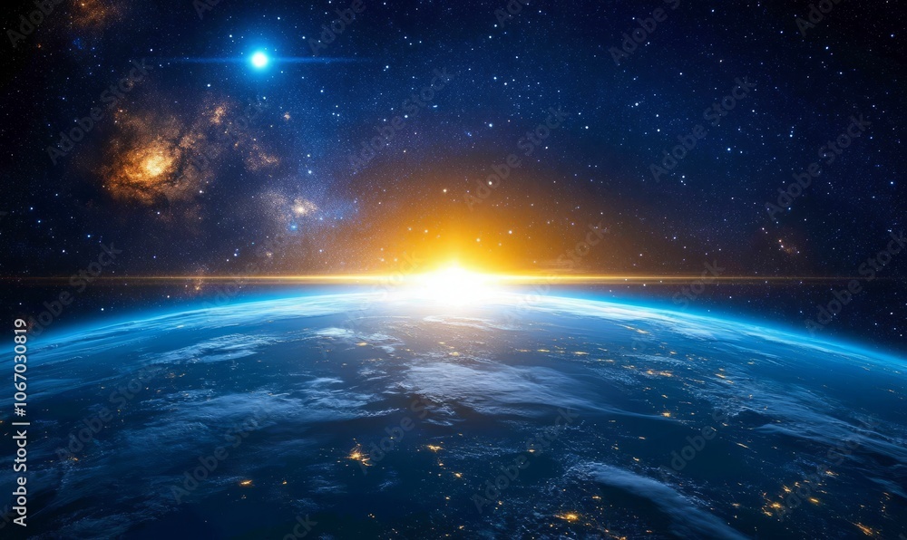 Earth view from space with bright stars and cosmic elements. Earth view from space with bright stars and cosmic elements.