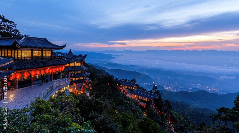 Chinese Temple Overlooking Mountains During 2025 Lunar New Year Sunrise Chinese Temple Overlooking Mountains During 2025 Lunar New Year Sunrise