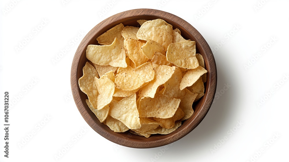Top view of corn tortilla chips in a wooden bowl, isolated on a white background with clipping path.