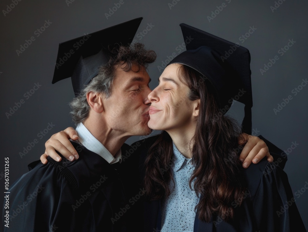 Fototapeta premium Two students wearing caps and gowns share a joyful kiss during their graduation ceremony, symbolizing the culmination of their academic journey.
