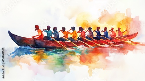 Rowing Team in Watercolor Artistry. A vibrant watercolor illustration depicting a rowing team in perfect sync on the water, showcasing the beauty of teamwork and athleticism.