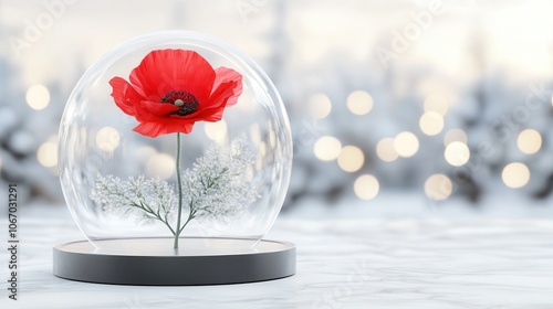 Preserving beauty captivating red poppy flower encased in a glass dome against a wintery background photo