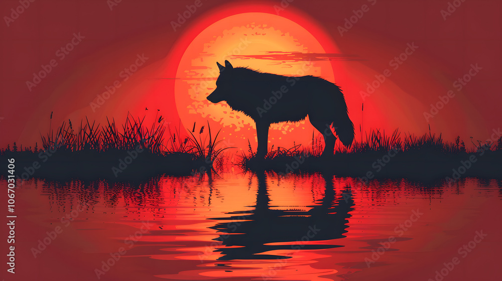 Majestic wolf silhouette against a vibrant red sun with a dramatic sky Majestic wolf silhouette against a vibrant red sun with a dramatic sky