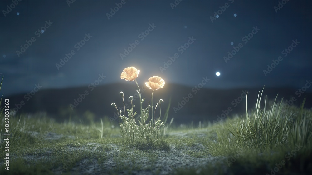 Radiant poppies illuminate a serene night landscape captivating nature's beauty
