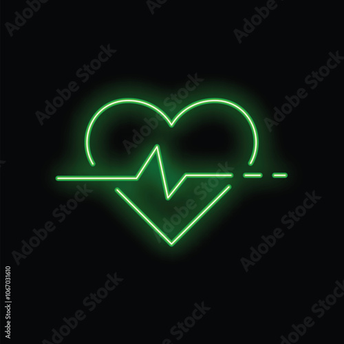 Green neon heartbeat line is glowing inside a heart shape, showing vital signs on black background