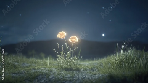 Obraz na płótnie Radiant poppies illuminate a serene night landscape captivating nature's beauty w salonie
